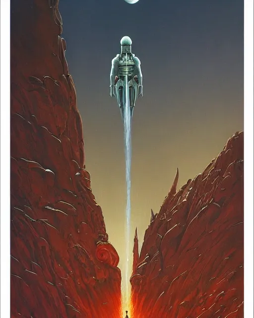 Prompt: a painting of a man standing in front of a giant alien, poster art by les edwards and by ralph mcquarrie and by peter elson, cgsociety, space art, lovecraftian, cosmic horror, poster art