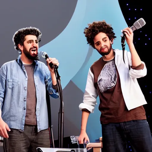 Prompt: Omer Adam and Arik Einstein are standing on a stage with microphones and singing, photorealistic