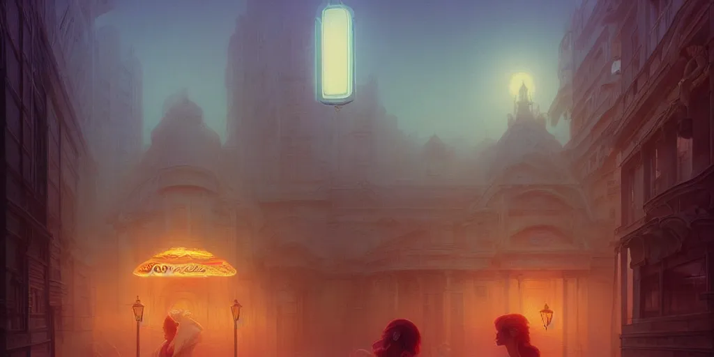 Image similar to concept art of a vaporwave palace made of pizza, illuminated fog, depth of field, cinematic lights, deep focus, intricate, elegant, highly detailed, foggy, mysterious, digital painting, artstation, concept art, matte, sharp focus, art by artgerm and greg rutkowski and alphonse mucha