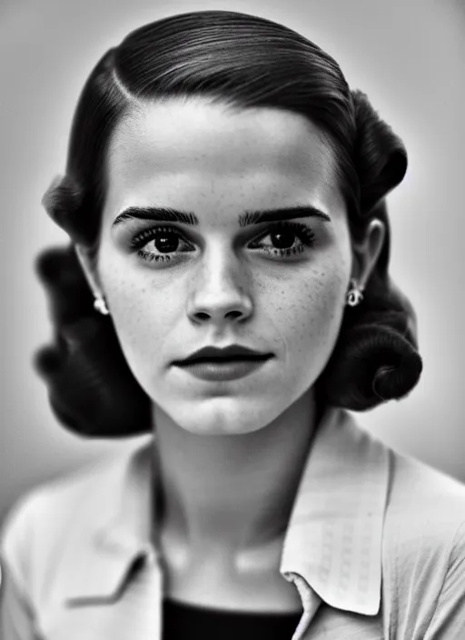 Prompt: kodak portra 4 0 0, 8 k, highly detailed, britt marling style 3 / 4 photographic close - up face of a beautiful emma watson with 1 9 4 0 s hairstyle, 1 9 4 0, 1 9 4 0 s style, symmetrical, hasselblad xld - 5 0 c, medium format, soft light