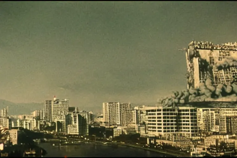 Image similar to a filmstill of Kim Jong-il, monster destroying Pyongyang, in Godzilla (1954) by Ishirō Honda, traditional Korean city, palace, epic ultrawide shot, cinémascope