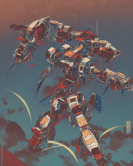 Image similar to japanese folk painting of mecha, detailed, cel shaded, by makoto shinkai and moebius and anton fadeev and james gurney,