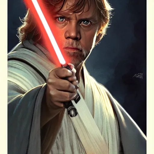 Image similar to luke skywalker grand master jedi from legends books, jedi from star wars, intricate detailed face, artgerm, greg rutkowski, alphonse mucha