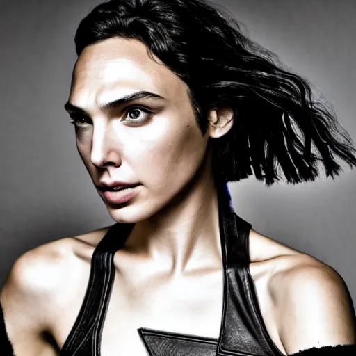 Image similar to gal gadot as a cyberpunk cyborg goth woman from blade runner 2 0 4 9 movie, pale skin, sensual, beautiful soft light failling on her face, studio photography, nikon 3 5 mm portrait photography, ultra realistic