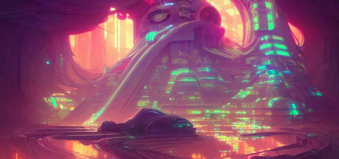 Image similar to a cybernetic temple, vaporwave aesthetic, colorful, psychedelic, digital painting, artstation, concept art, smooth, sharp focus, illustration, art by artgerm and greg rutkowski and alphonse mucha