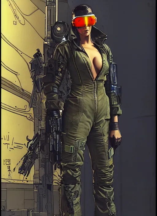 Image similar to cyberpunk mercenary in tactical gear and jumpsuit. portrait by stonehouse and mœbius and will eisner and gil elvgren and pixar. character design. realistic proportions. dystopian. cyberpunk 2 0 7 7, apex, blade runner 2 0 4 9 concept art. cel shading. attractive face. thick lines.