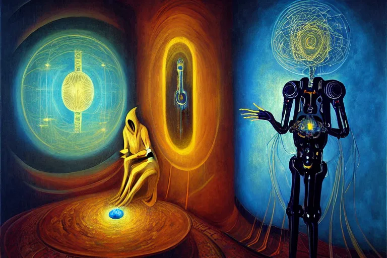 Image similar to a beautiful masterpiece painting of a cybernetic wizard discussing sentience with his AI by Remedios Varo and Anato Finnstark