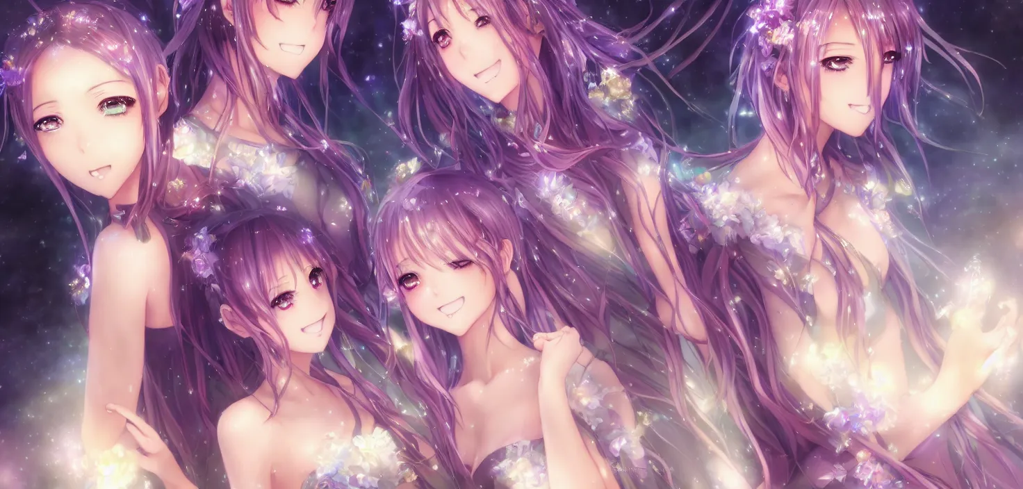 Prompt: two beautiful anime girls wear fantasy dress in festival | | sunny night, full moon, dreamlike art, realistic shaded, smile, good looking, hyper details, 4 k realistic, cryengine, realistic shaded lighting poster by artgerm, ross tran, fuji choko, 8 k resolution, trending on artstation, luxury