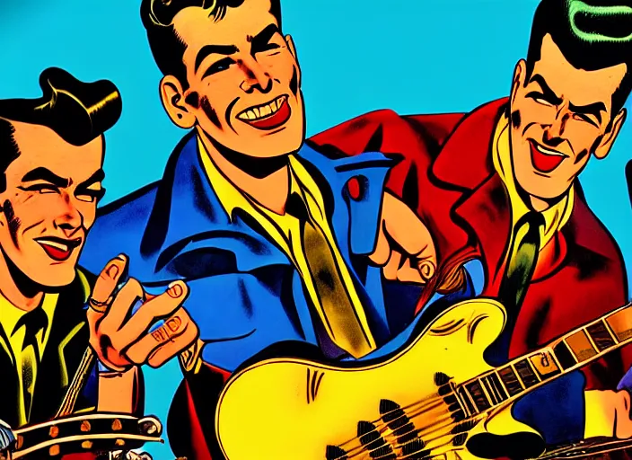 Image similar to rockabilly band 1950s, high detail, golden hour, 8K, by jack kirby