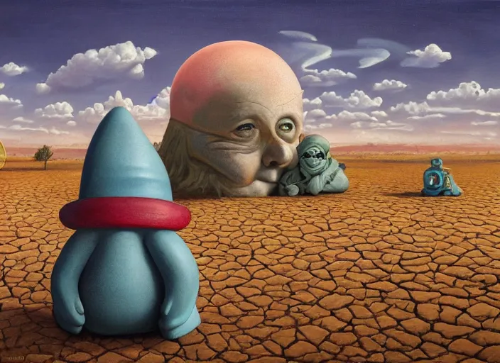 Image similar to a forgotten garden gnome in a vast barren desert, hopeless wasteland background with a relentless raging sun overhead, an ultrafine detailed painting by mark ryden, trending on deviantart, pop surrealism, whimsical, lowbrow, perfect symmetrical face