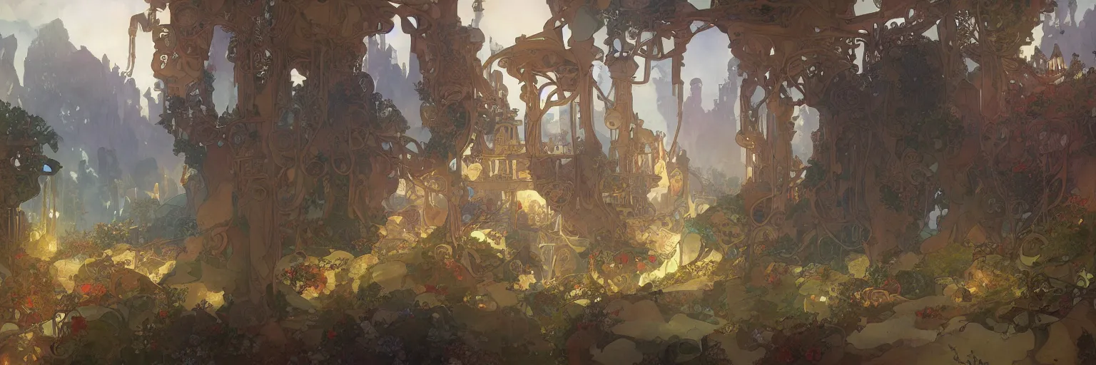 Image similar to A beautiful landscape painting of steampunk landscape by Alfons Maria Mucha and Julie Dillon and Makoto Shinkai