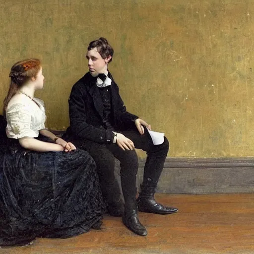 Image similar to young victorian man and woman solving an escape room riddle, sitting, thinking painted by alfred stevens