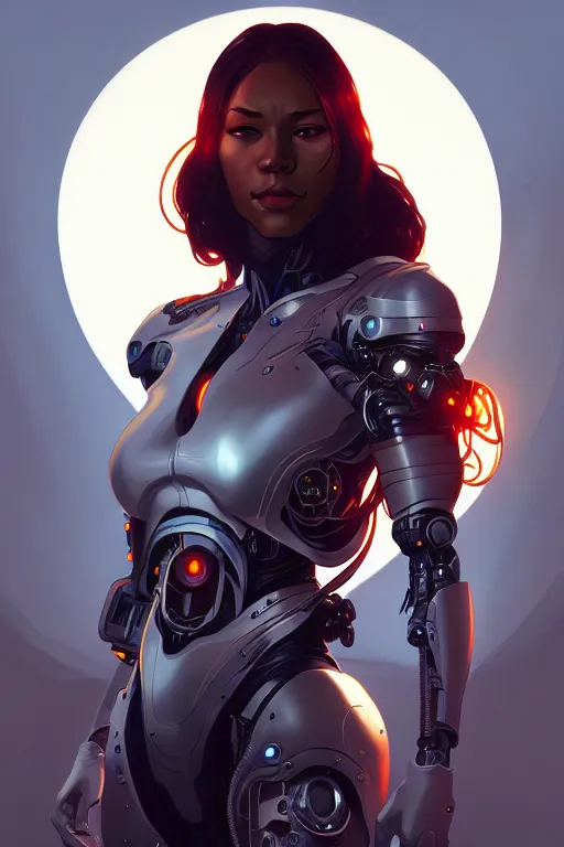 Prompt: a portrait of cyborg, fantasy, sharp focus, intricate, elegant, digital painting, artstation, matte, highly detailed, concept art, illustration, ambient lighting, art by ilya kuvshinov, artgerm, alphonse mucha, and greg rutkowski