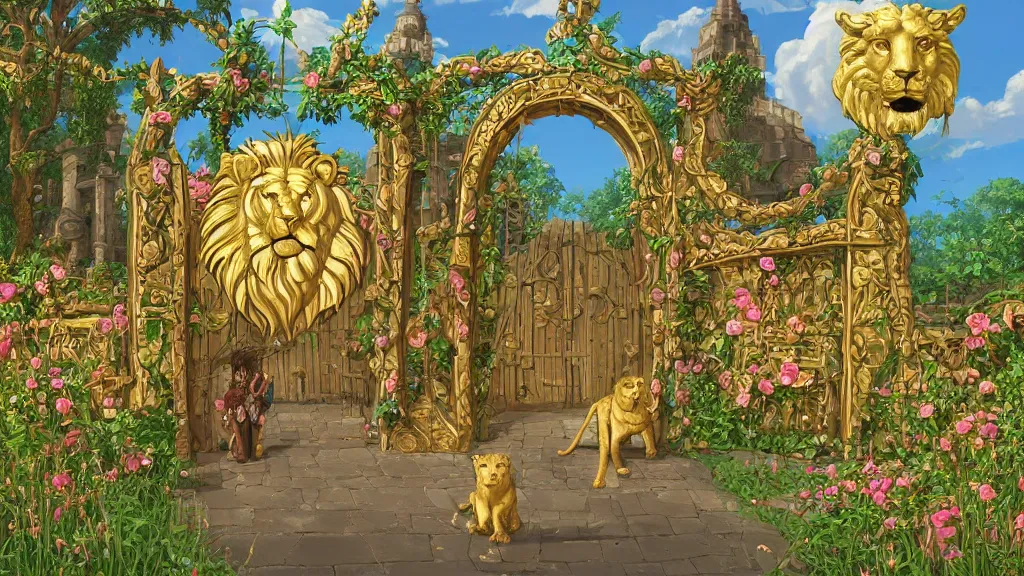 Image similar to A giant medieval fantasy gate with an gold carved lion face at the center, vines, thorns, roses, flowers, vivid vegetation, pastel color tones, clear clean, Ilya kushinov, by Makoto Shinkai, Studio Ghibli, Miyazaki, Kyoto Animation, digital 2D, painterly style, gouache illustration, high contrast, cute, kawaii, golden ratio, rule of thirds