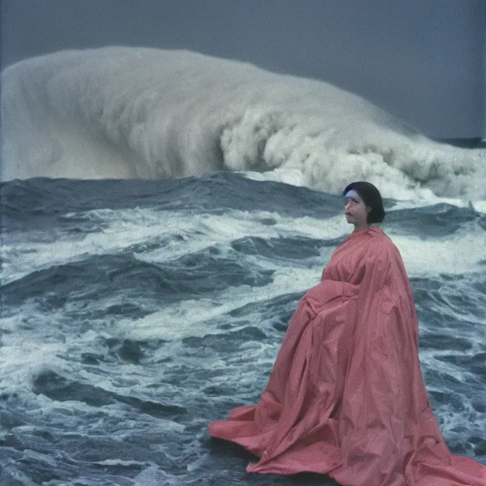 Image similar to a closeup portrait of a woman wearing wrapped in plastic, standing in front of a giant tsunami wave, color photograph, by james abbott mcneill whistler, canon eos c 3 0 0, ƒ 1. 8, 3 5 mm, 8 k, medium - format print