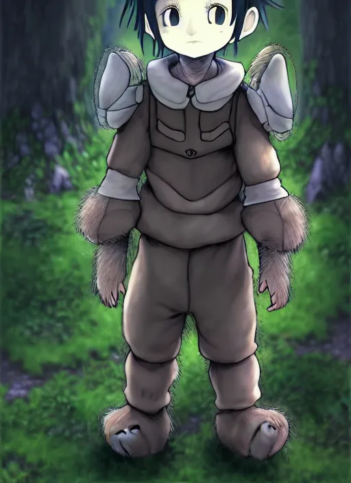 Image similar to beautiful little boy wearing an cyborg bear suit, artwork in kentaro miura and made in abyss and rosdraws, smooth, beautiful lightness, anatomically correct, trending on pixiv, forest