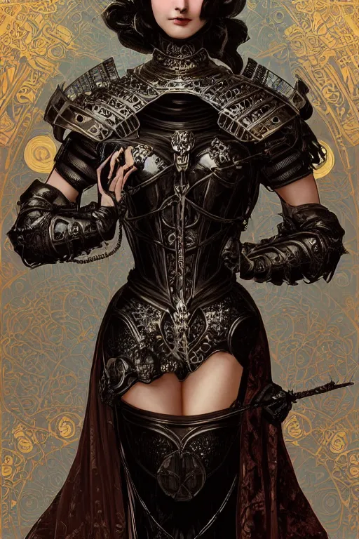 Image similar to beautiful victorian and luxury and goddess and gothic female medieval Black armor knight portrait+shiny eyes+front face with light flowing hair, ultradetail face, ruined gothic cathedral, art and illustration by tian zi and craig mullins and WLOP and alphonse mucha, ssci-fi, fantasy, intricate complexity, human structure, hypermaximalist, fantasy character concept, dynamic lighting, neon light, watermark, blurry, hyperrealism 8k