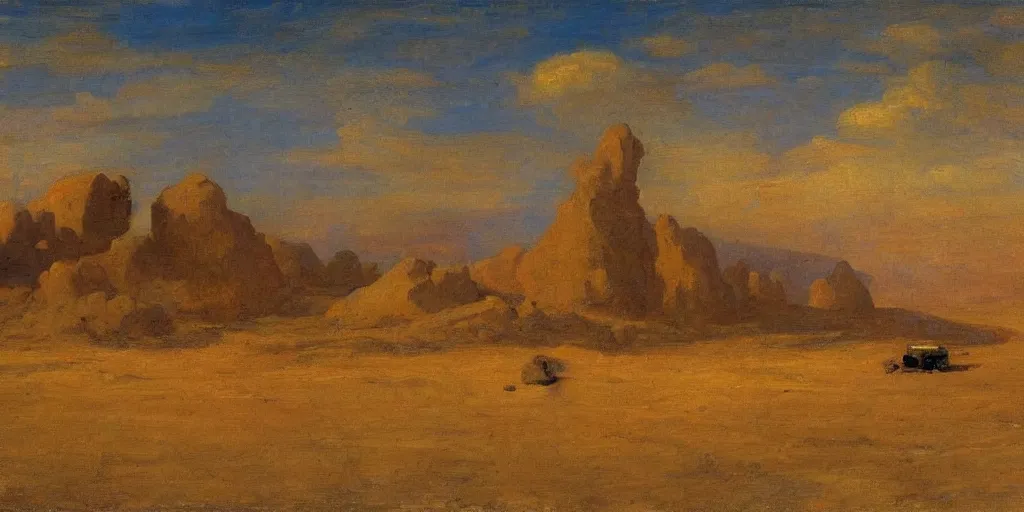 Prompt: desert landscape, a huge space ship is hovering in the sky, painting in style of Ilya Repin,