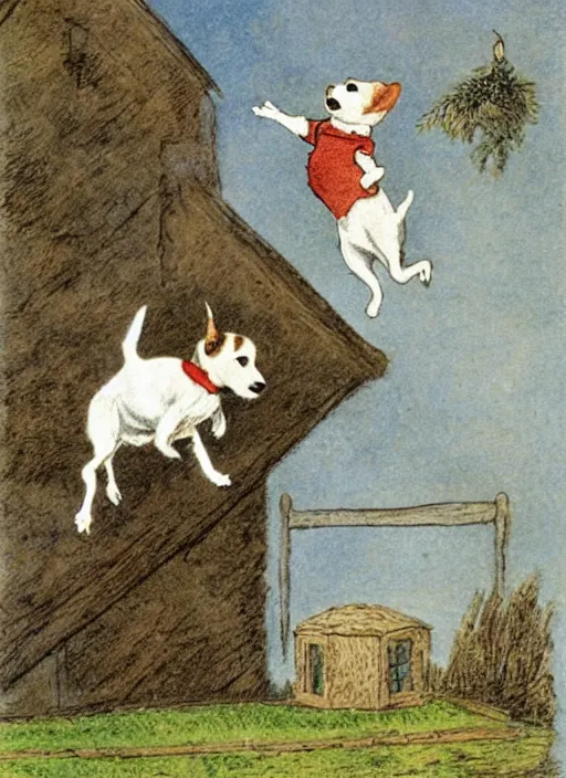 Image similar to jack russel terrier jumping from the ground over a small house, illustrated by peggy fortnum and beatrix potter and sir john tenniel