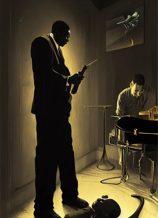 Image similar to john coltrane meeting mingus in a dark corner, intricate, elegant, highly detailed, digital painting, artstation, concept art, smooth, sharp focus, illustration, art by wlop, mars ravelo and greg rutkowski