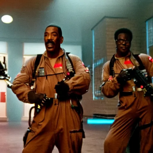 Prompt: awe inspiring Eddie Murphy playing a Ghostbuster in a still from the movie Ghostbusters 8k hdr