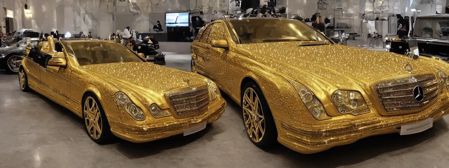 Image similar to a very luxurious, golden mercedes studded with diamonds,