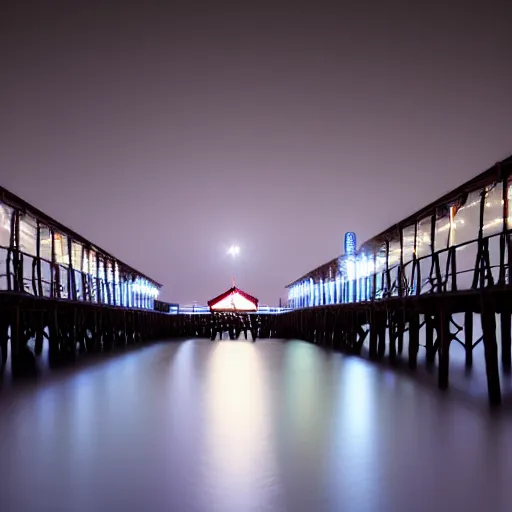 Image similar to a blurry photo of a a pier with lights during the blue hour, a tilt shift photo by ian spriggs, featured on flickr, modular constructivism, long exposure, multiple exposure, soft mist