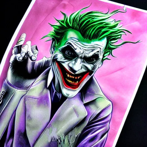 Image similar to the joker airbrush drawing, in the style of greg rutowski, hyper detailed