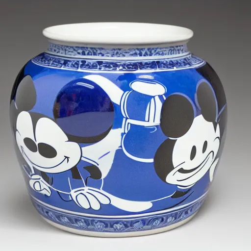 Image similar to a delft blue vase with a happy mickey mouse depicted on it ; extremely detailed ; f / 1. 4, 9 0 mm