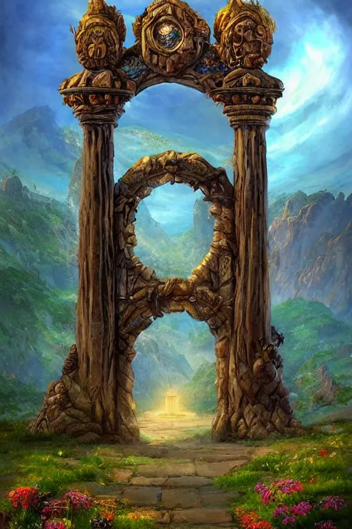 Image similar to A giant medieval fantasy blue energy portal gate with a rusty gold carved lion face at the center of it, the portal takes you to another world, full of colorful flowers on the lost Vibes and mountains in the background, spring, delicate fog, sea breeze rises in the air, by andreas rocha and john howe, and Martin Johnson Heade, featured on artstation, featured on behance, golden ratio, ultrawide angle, f32, well composed, rule of thirds, center spotlight, low angle view