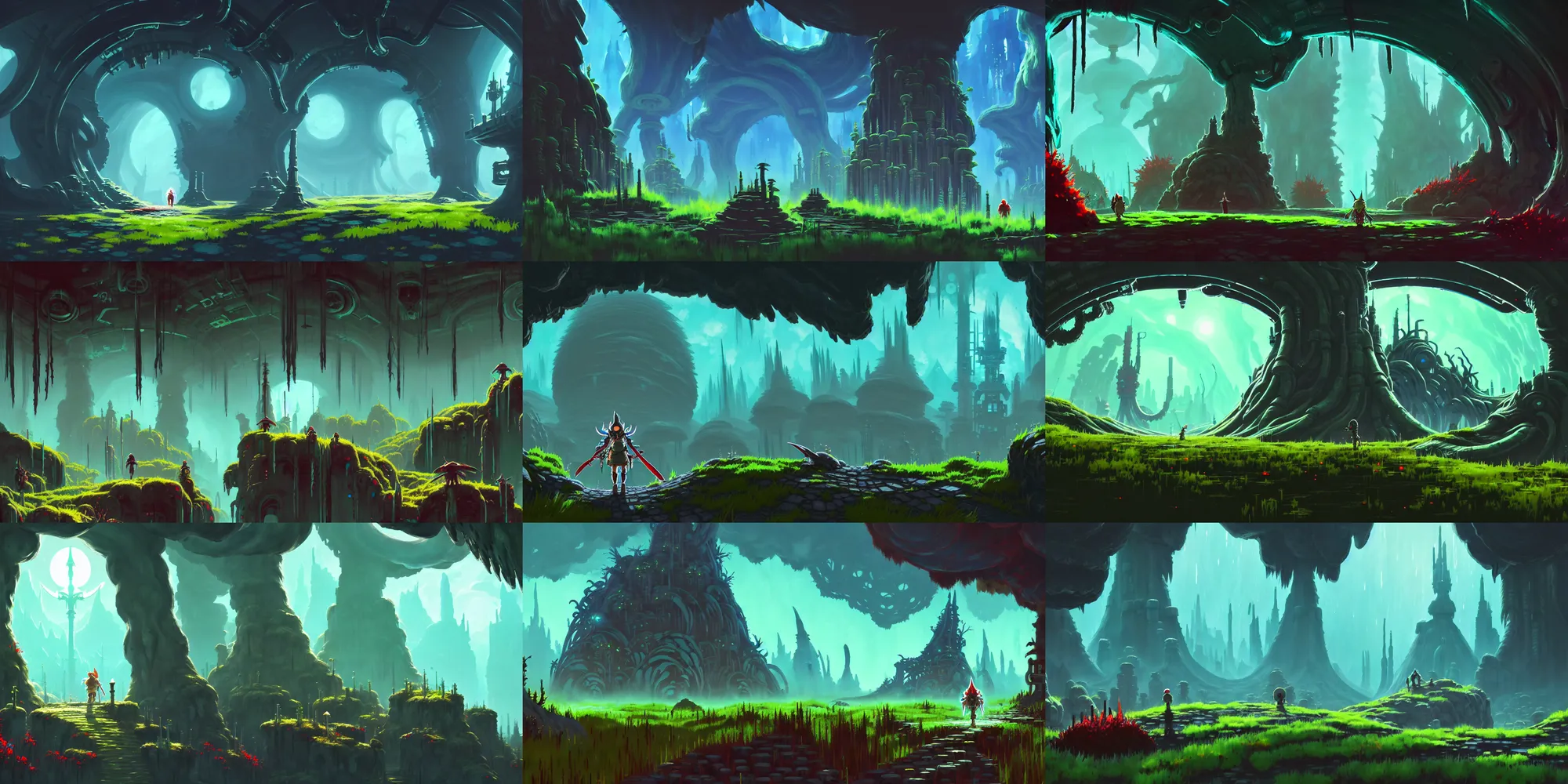 Prompt: game asset ori parallax underground scifi dungeon interior environment, studio ghibli, breath of the wild, matte painting, h. r giger, in gouache detailed paintings, props, stylized, 2 d sprites, kitbash, nature, organic, ivy, arcane, overwatch, blue and red, green color scheme, 8 k, close up