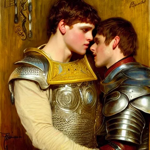 Image similar to attractive fully clothed arthur pendragon confesses his love for his attractive fully clothed male knight. highly detailed painting by gaston bussiere and j. c. leyendecker 8 k