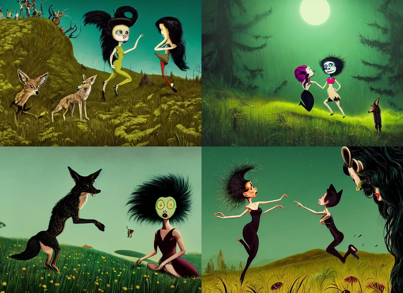 Prompt: a closeup of a young black haired woman talking with an intelligent coyote on the top of a verdant green hill. dance photography, dynamic dance photography, gary baseman, dan mumford, pedro correa, jon macnair, mad magazine, horror vacui, intricate detailed, looking straight into camera