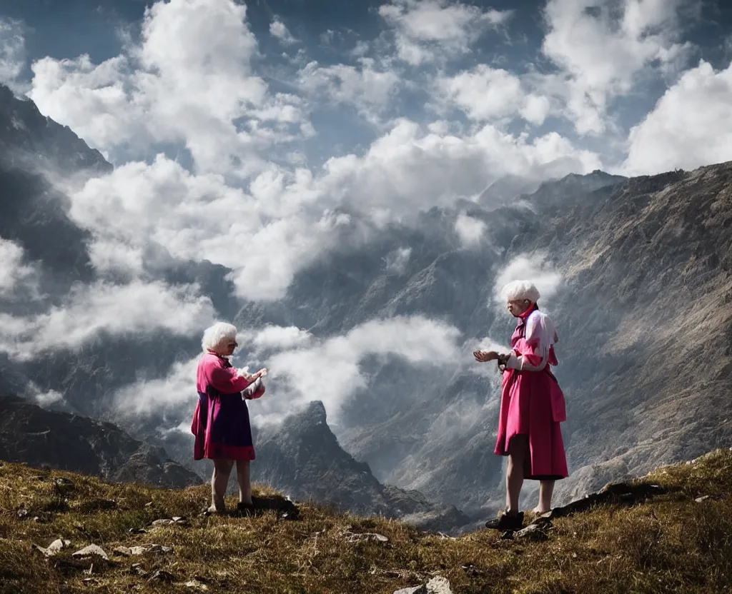 Image similar to a grandma wearing sailor moon costume wandering trough the mountains looking at the clouds very detailed focused photography cinematic lighting by martin parr