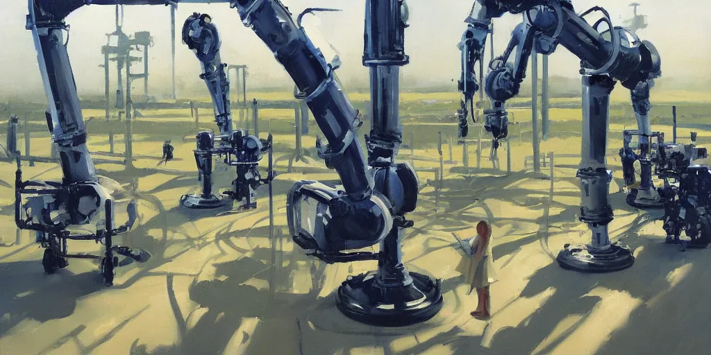 Image similar to oil painting futuristic automated farm, robot machinery, sleek, organic, white, perfect weather, by Gregory Manchess, John Picacio and Brom, artstation