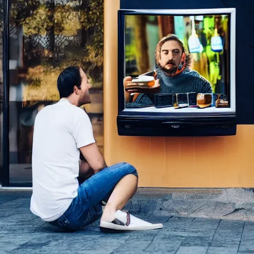 Image similar to a man sitting outside a restaurant with his tv, friend is angry,