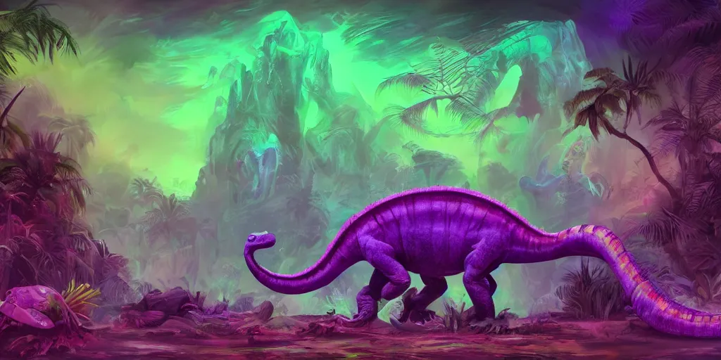 Prompt: spectral purple neon dinosaur, green jungle background, detailed, fantasy, oil painting, ultrawide landscape, concept art