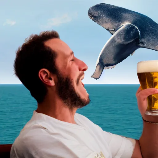 Image similar to A realistic photo of a happy man drinking a beer on the top of a flying whale