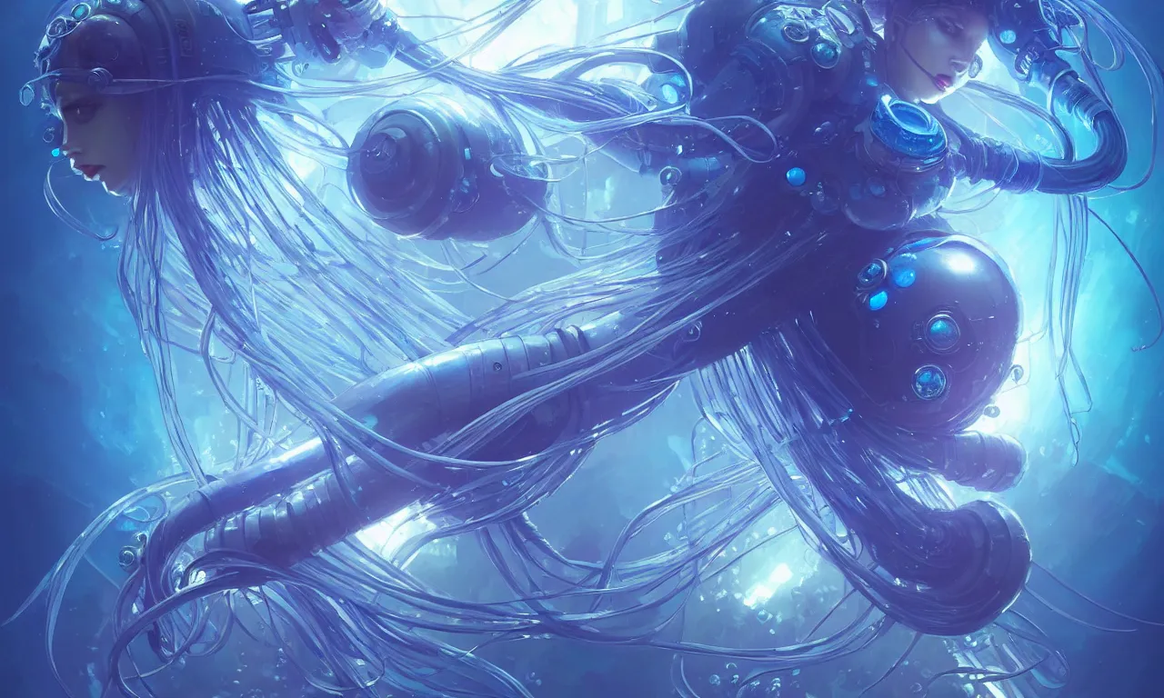 Prompt: Small cyberpunk jellyfish, blue tones, underwater, 360, highly detailed, digital painting, artstation, concept art, smooth, sharp focus, illustration, art by artgerm and greg rutkowski and alphonse mucha