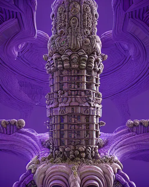 Image similar to detailed render giant alien greeble tower art nouveau rococo architecture carved out of complex mandelbulb with royal purple quartz rendered in cinema 4 d octane