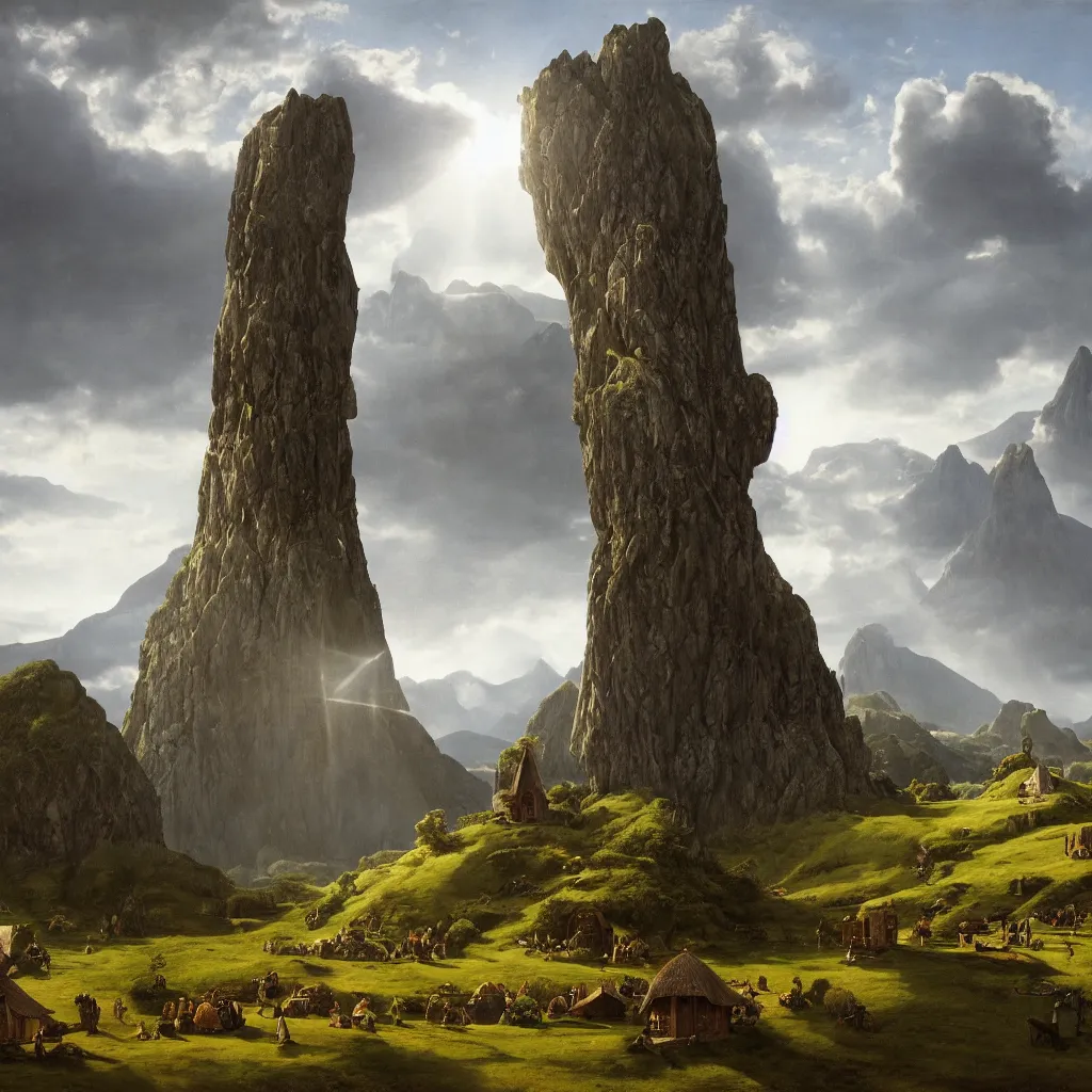 Prompt: a large single monolith with a hobbit house on top in the middle of a wide open field from a distance with mountains in the background and god rays shining through the coulds on the monolith, epic, cinematic, walton ford, jan van eyck, walton ford, fine details, high contrast