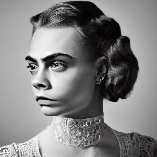 Image similar to photo of a gorgeous 20-year-old Cara Delevingne 1910s hairstyle by Mario Testino, detailed, head shot, award winning, Sony a7R -