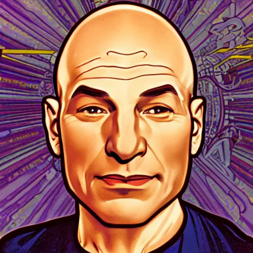 Prompt: a detailed animated portrait of Captain Jean-Luc Picard from Star Trek TNG, by Alphonse Mucha