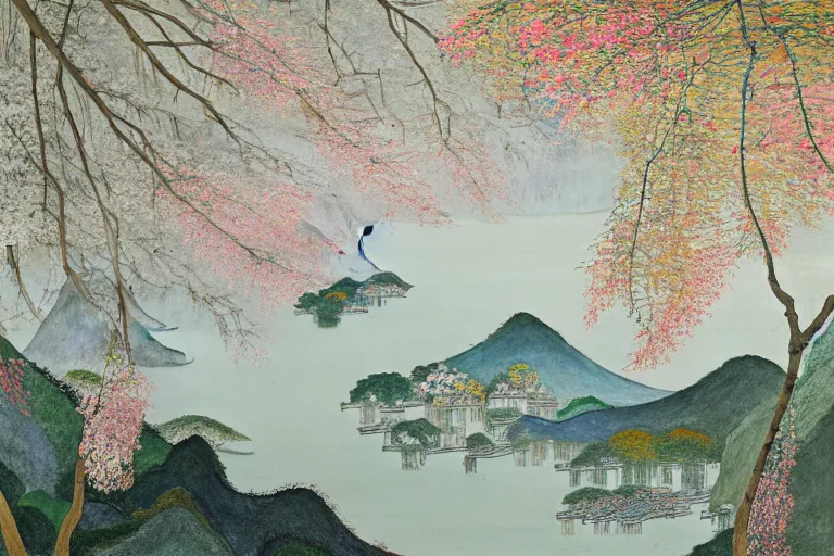 Image similar to an ultradetailed landscape painting of westlake in china hangzhou, may flowers blossoms nearby, autumn wind, chinese water color, smooth, sharp focus, illustration, by hilma af klint, 8 k