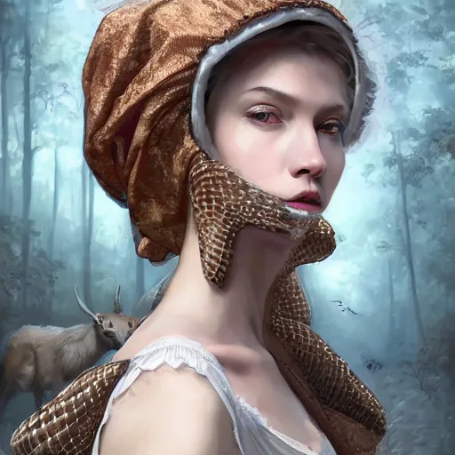 Image similar to A masterpiece portrait of a Incredibly beautiful maid barique renaissance swamp nun girl hunting on deer with russian greyhound medium shot, intricate, elegant, highly detailed. trending on artstation, digital art, by Stanley Artgerm Lau, WLOP, Rossdraws, James Jean, Andrei Riabovitchev, Marc Simonetti, Yoshitaka Amano. background by James Jean and Gustav Klimt, light by Julie Bell, 4k, porcelain skin.