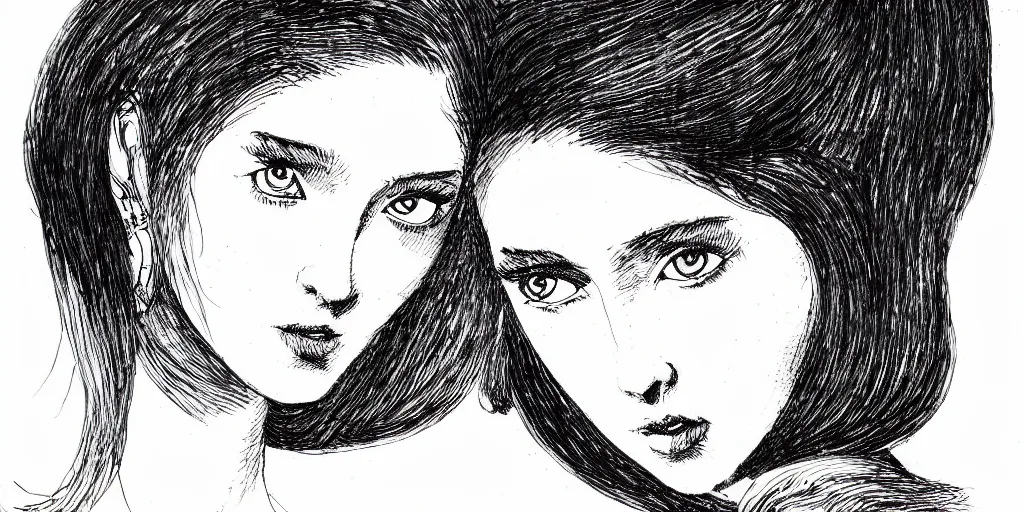 Image similar to ink lineart drawing of beautiful woman, white background, etchings by goya, chinese brush pen illustration, high contrast, deep black tones, contour