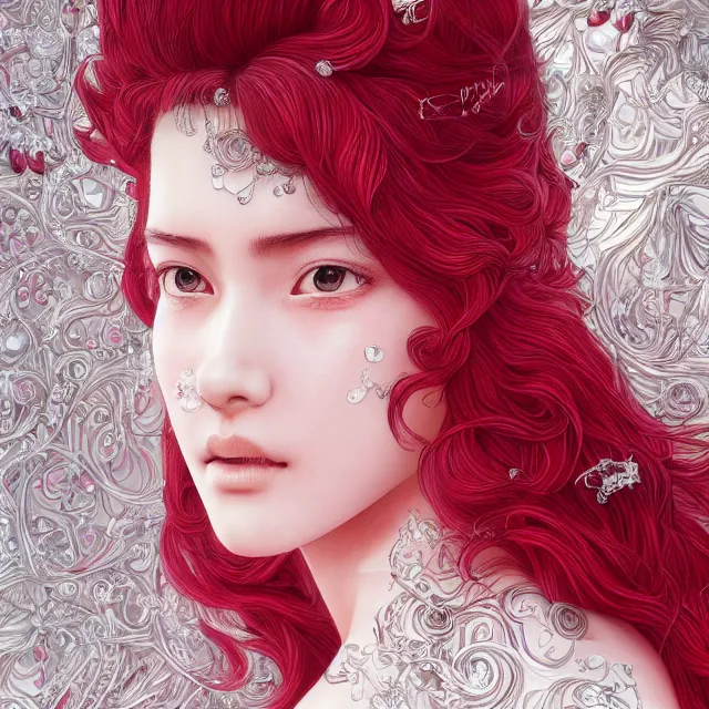 Image similar to studio portrait of absurdly beautiful, elegant, young gravure idol made of rubies and red gems, ultrafine hyperrealistic detailed face illustration by kim jung gi, irakli nadar, intricate linework, sharp focus, bright colors, matte, octopath traveler, final fantasy, unreal engine highly rendered, global illumination, radiant light, intricate environment