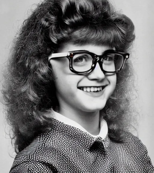 Prompt: 1 9 8 0 s highschool girl with big blonde hair, smart glasses, a black and white patterned shirt and magenta details, school photo