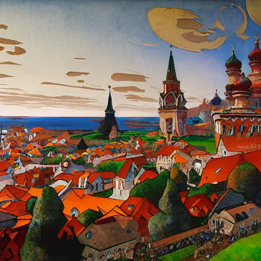 Image similar to photo beautiful magical ancient Slavic Russian city of Kitezh, fisheye lens, painting by Viktor Vasnetsov, concept art, magical city, fantasy cityscape, ancient Slavs, wooden buildings, ancient Russian architecture, terem, hyperborea, top cinematic lighting , cinematic mood, very detailed, 8k, high resolution, painting by Nicholas Roerich, trending on artstation, artstationHD,