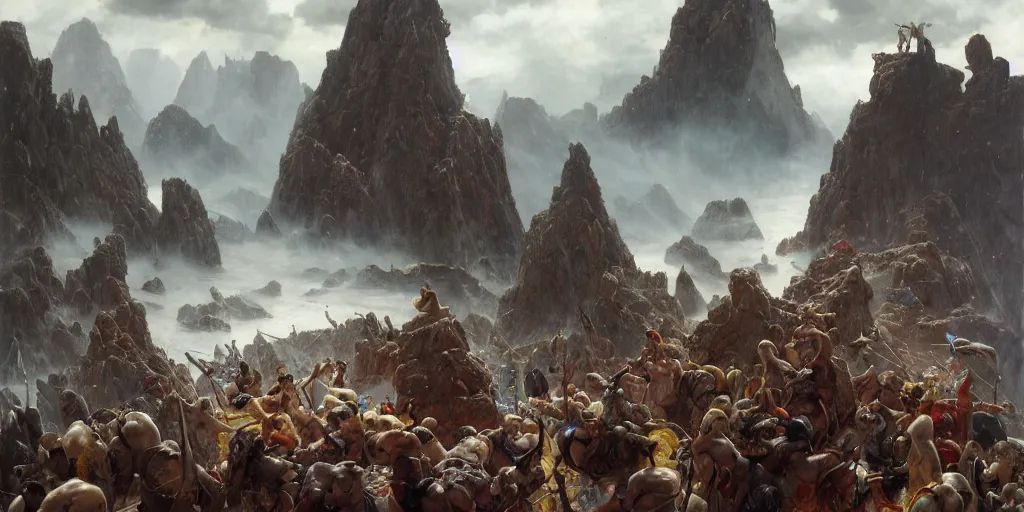 Image similar to barbarians, norse gods, fighting epic battle on rocks floating in the sky, celestial fortress in the clouds, thunder, good composition, artstation, 4 k illustration sharp focus cloceup sunlit painted by ruan jia raymond swanland lawrence alma tadema zdzislaw beksinski norman rockwell tom lovell alex malveda greg staples